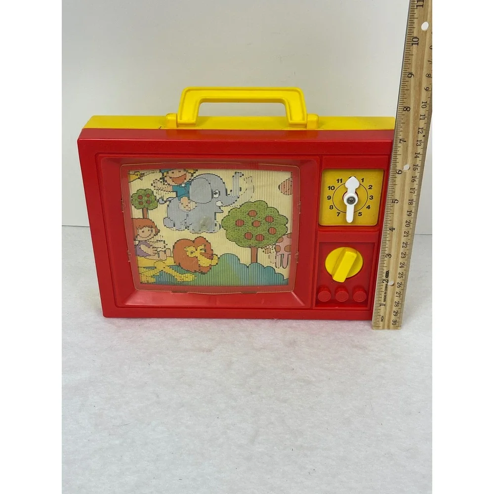 Blue Box Musical Toy TV Unisex OS 1979 Scrolling Animal Screen Red Yellow Good